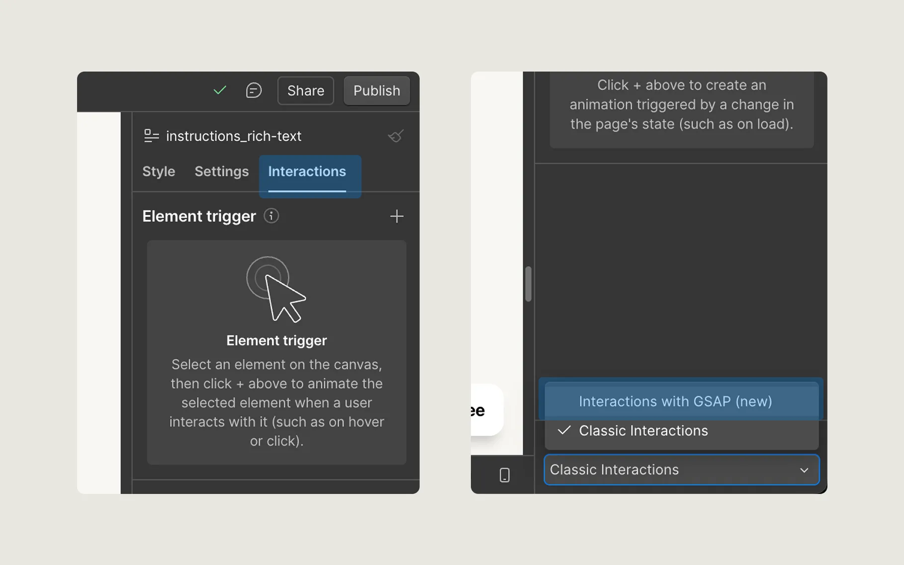 User interface panel showing 'Interactions' tab with an element trigger setting and a dropdown menu for selecting animation interaction types.