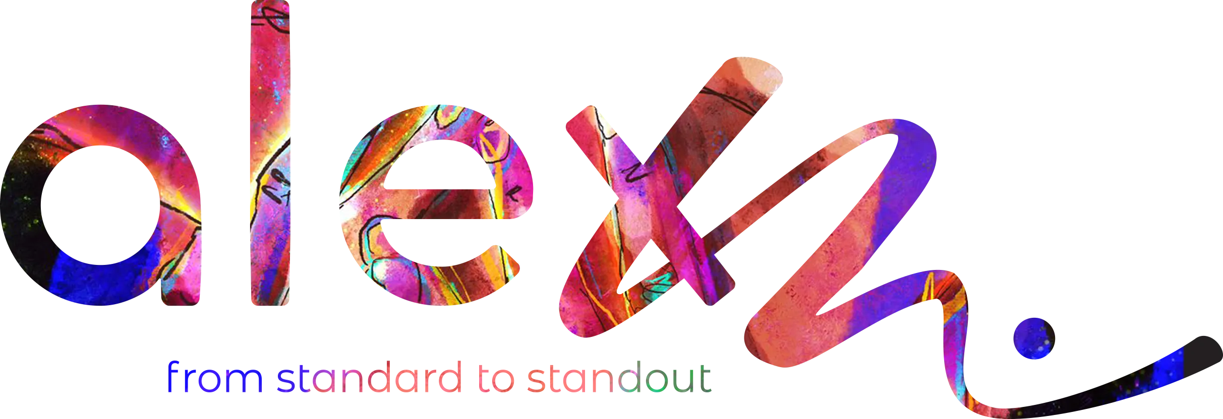 Colorful abstract art fills the word 'alexm.' with the slogan 'from standard to standout' below in a gradient of blue, pink, and green.