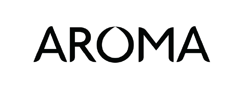 The word 'AROMA' in bold black uppercase letters on a white background.