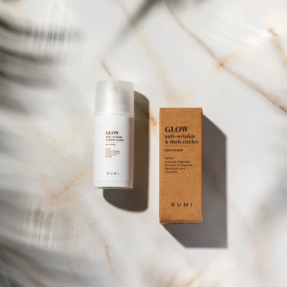 Rumi Glow face cream packaging box and label for skincare
