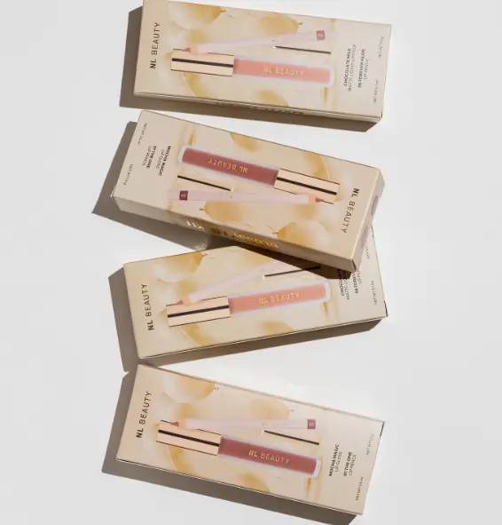 Minimal lipstick packaging design system in warm pastel tones by Alex Mileva for beauty brand. NL beauty