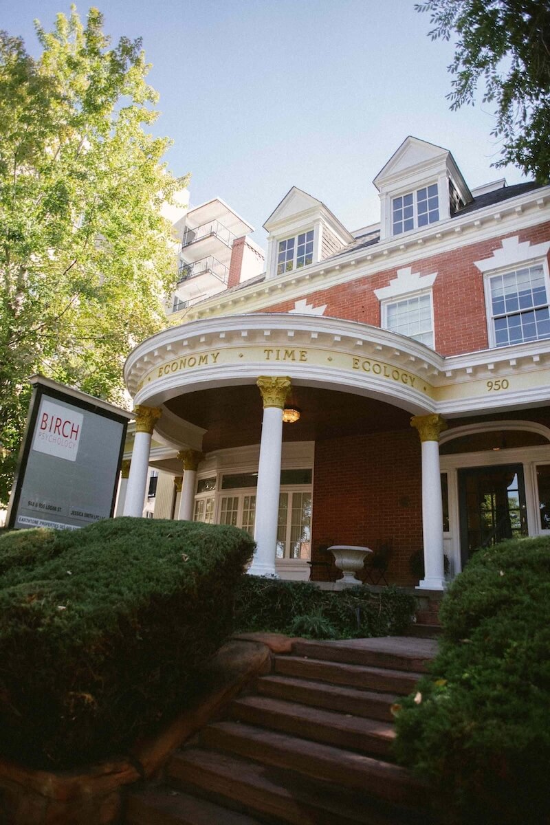 An exterior image of 950 Logan, an old mansion that has been converted to a modern office for Birch Psychology 
