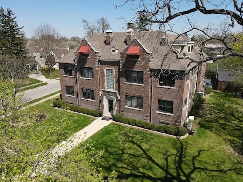 Drone photography of a prewar apartment building located in Upper Arlington Ohio