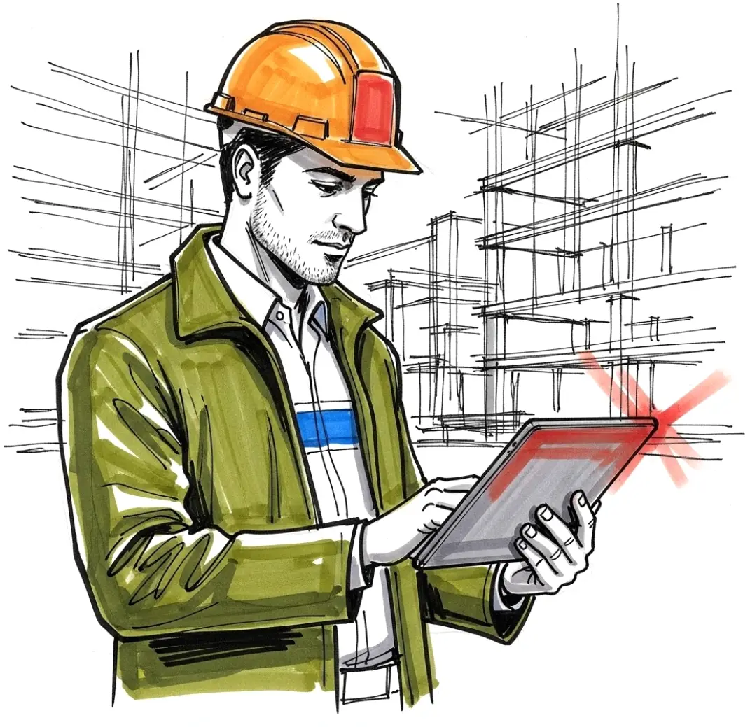 Owner's representative performing a rigorous site inspection using a digital project standards checklist on a commercial construction site.