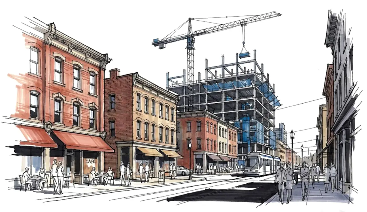 Independent owner's representative inspecting a commercial adaptive reuse project in Cincinnati, Ohio.