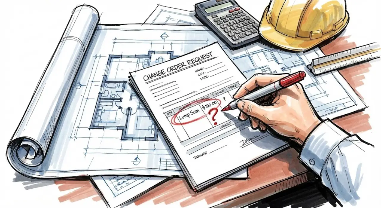 An owner's representative auditing a construction change order request with a red pen, aggressively circling a lump sum price on a cost breakdown sheet overlaying architectural blueprints and a calculator.