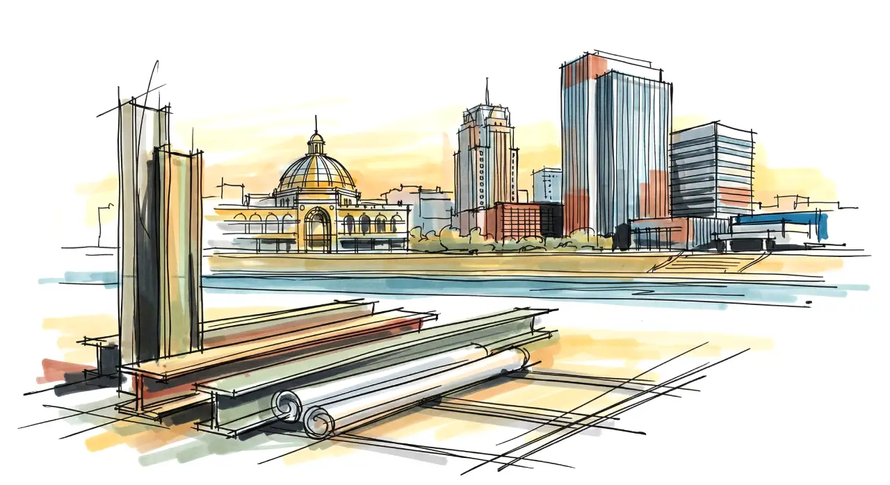 Construction blueprints and materials with the Dayton, Ohio skyline and historic Arcade dome in the background, representing owner's representative services.