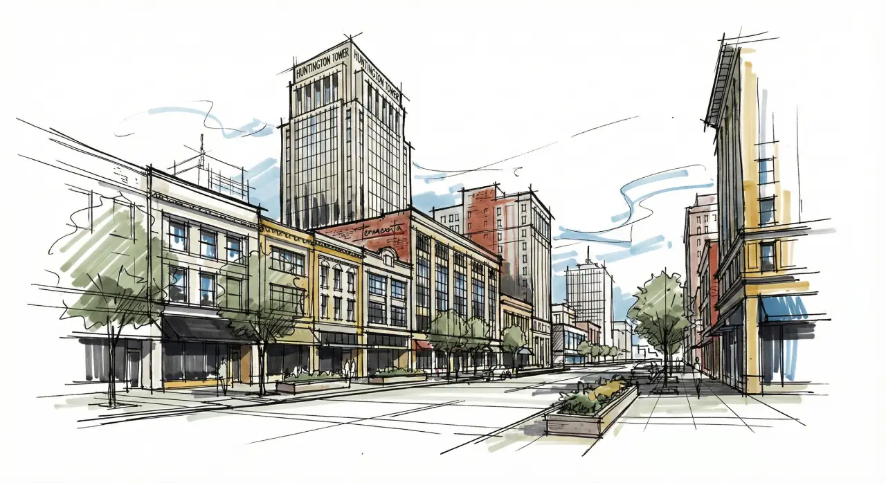 Architectural plans for a commercial renovation in Akron Ohio with a historic adaptive reuse building in the background.