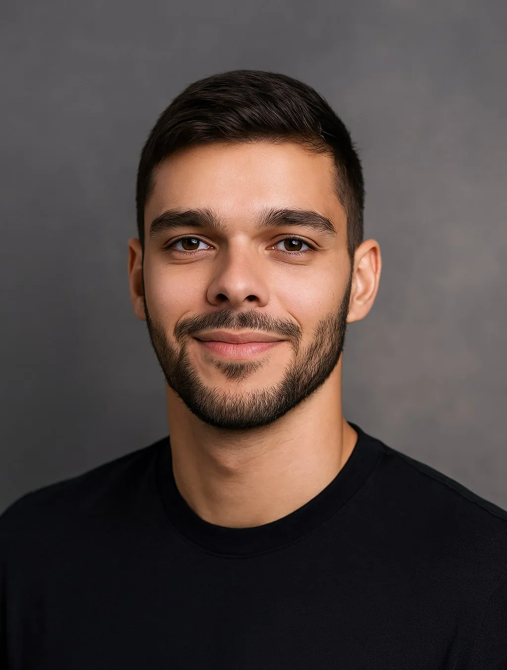 Portrait of a young man with short dark hair and a trimmed beard wearing a black shirt against a gray background.
