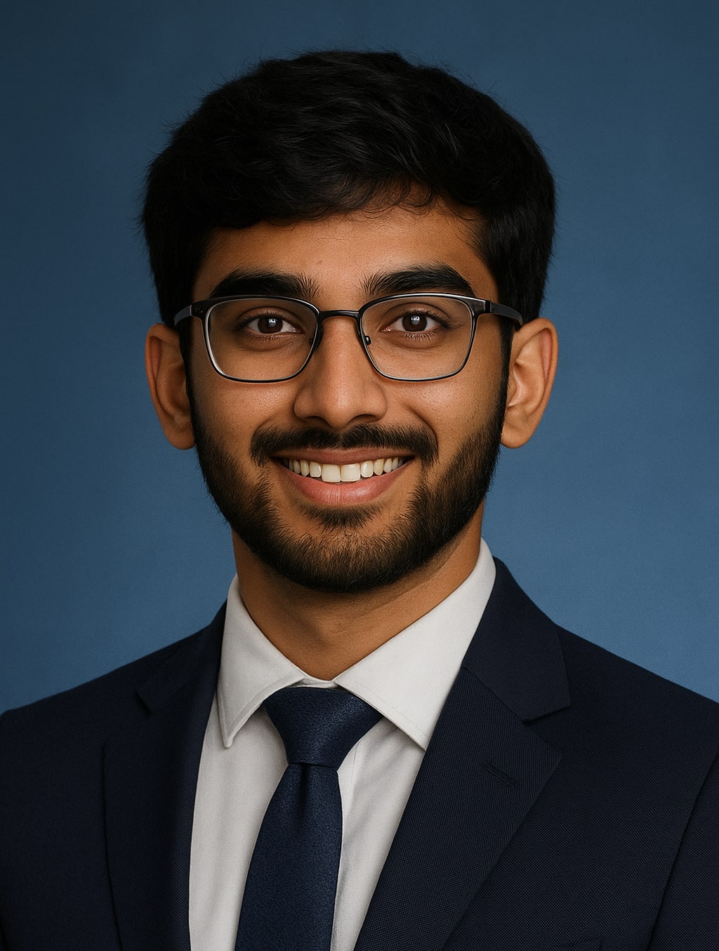 Smiling young man with glasses, dark hair, and beard wearing a navy suit, white shirt, and navy tie against a blue background.