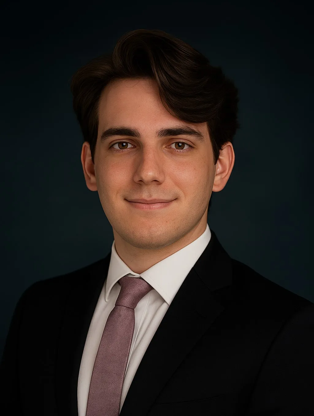 Headshot of a young man with brown hair wearing a black suit, white shirt, and lavender tie against a dark background.