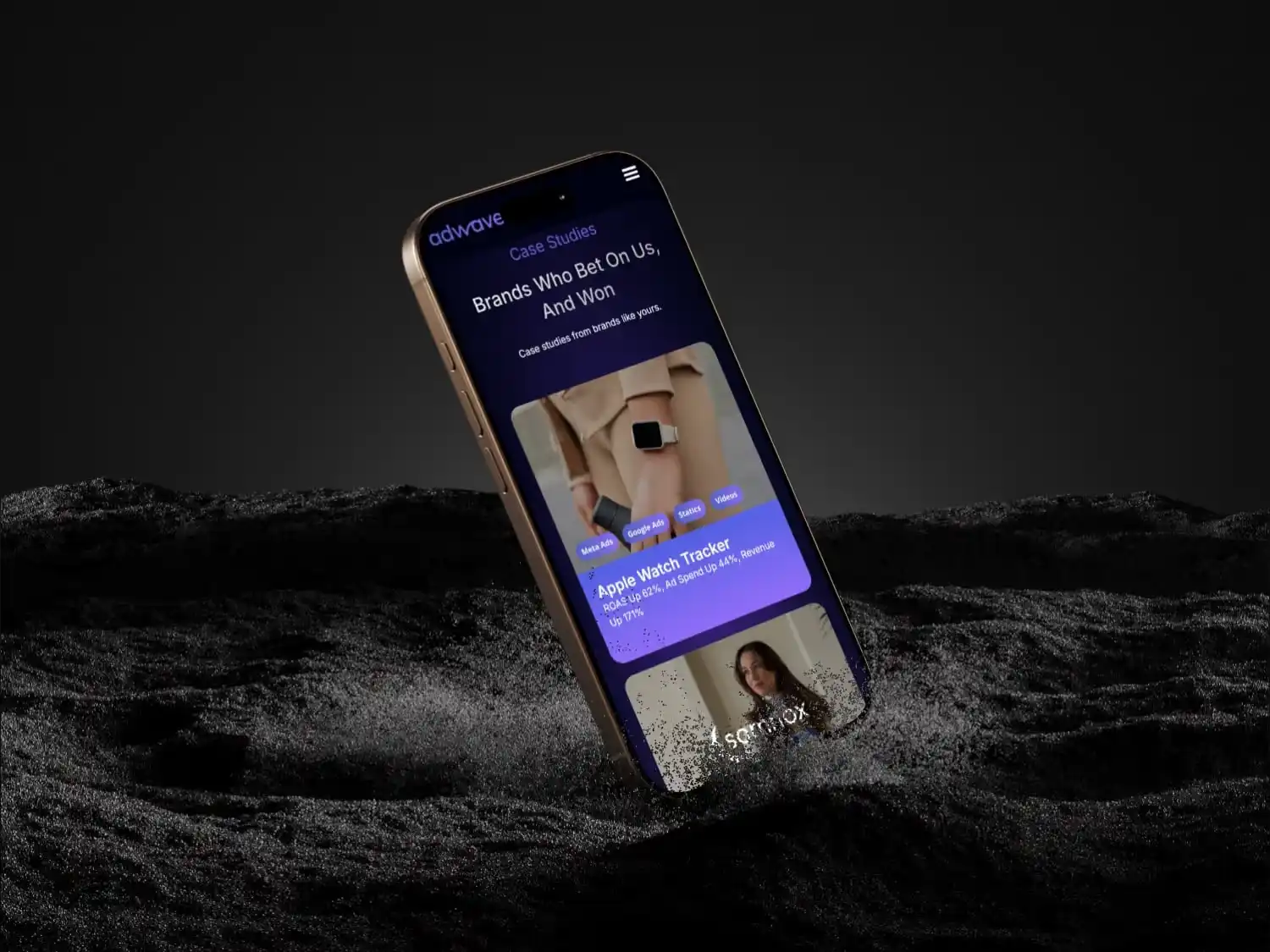 Smartphone displaying a webpage titled 'Brands Who Bet On Us, And Won' with case studies including Apple Watch Tracker on a dark textured surface background.