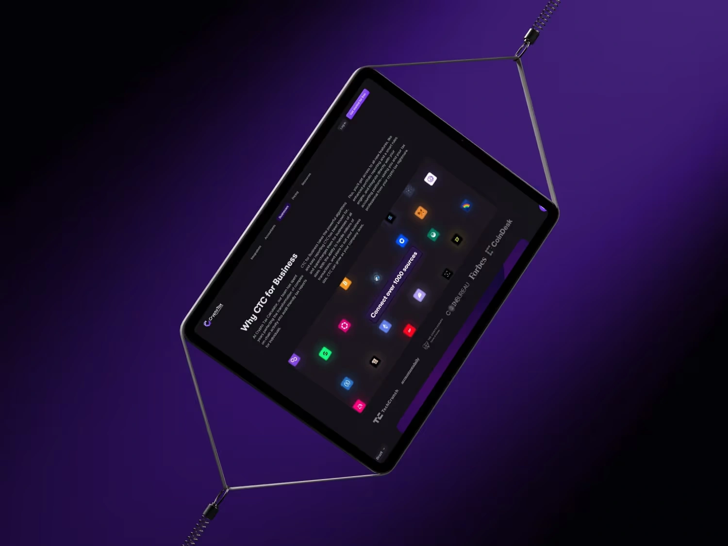 iPad Pro displaying a dark-themed interface about 'Why CTC for Business' with various colorful app icons on a purple gradient background.