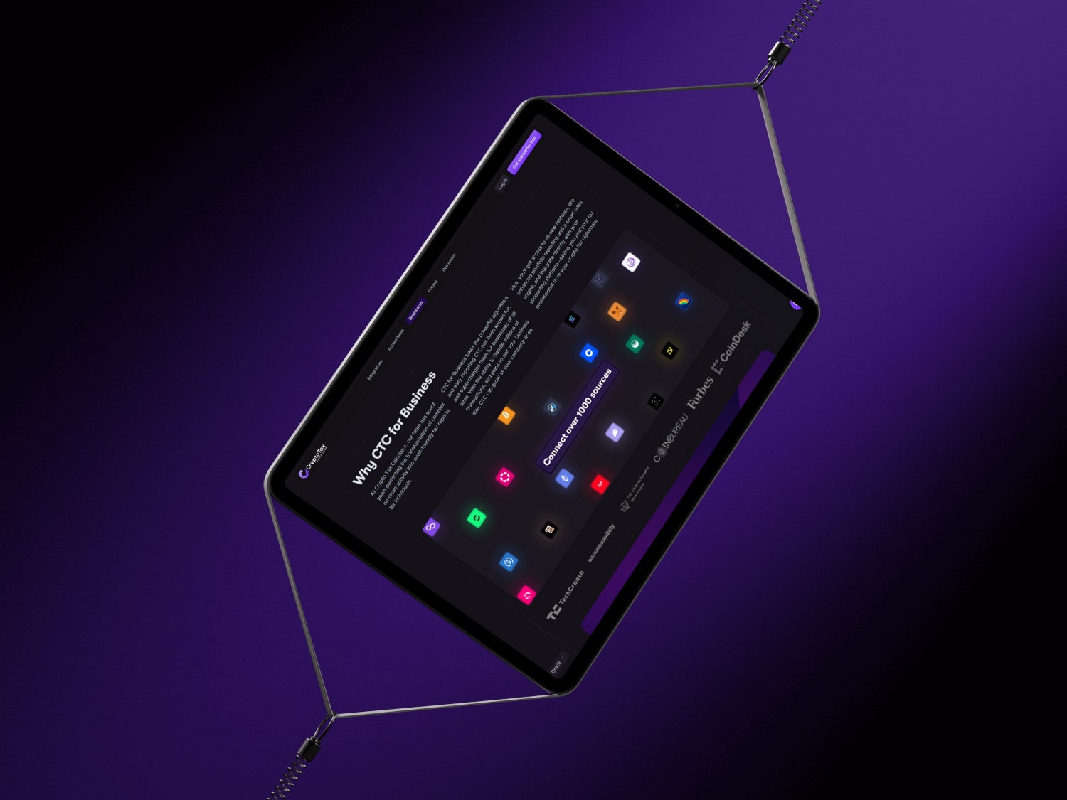 iPad Pro displaying a dark-themed interface about 'Why CTC for Business' with various colorful app icons on a purple gradient background.