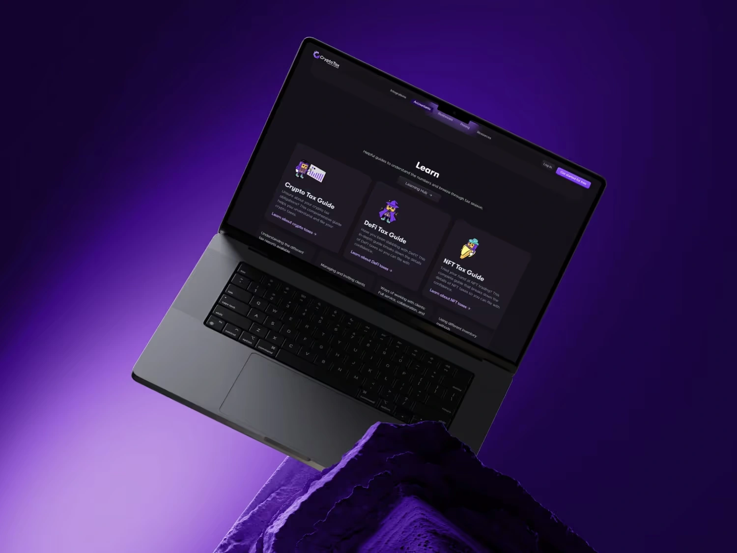 Open laptop displaying a dark-themed webpage with guides for Crypto Tax, DeFi Tax, and NFT Tax on a purple gradient background.