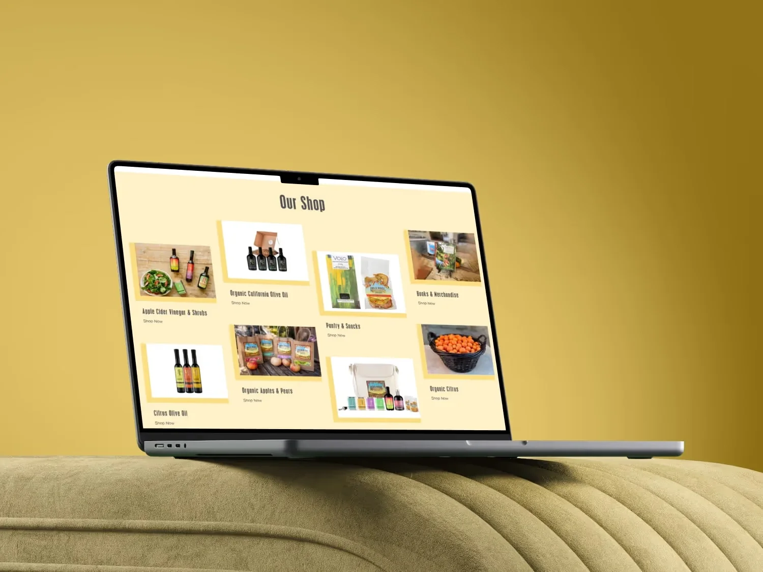 Laptop displaying an online shop page with categories: Apple Cider Vinegar & Shrubs, Organic California Olive Oil, Pantry & Snacks, Books & Merchandise, Citrus Olive Oil, Organic Apples & Pears, and Organic Citrus.