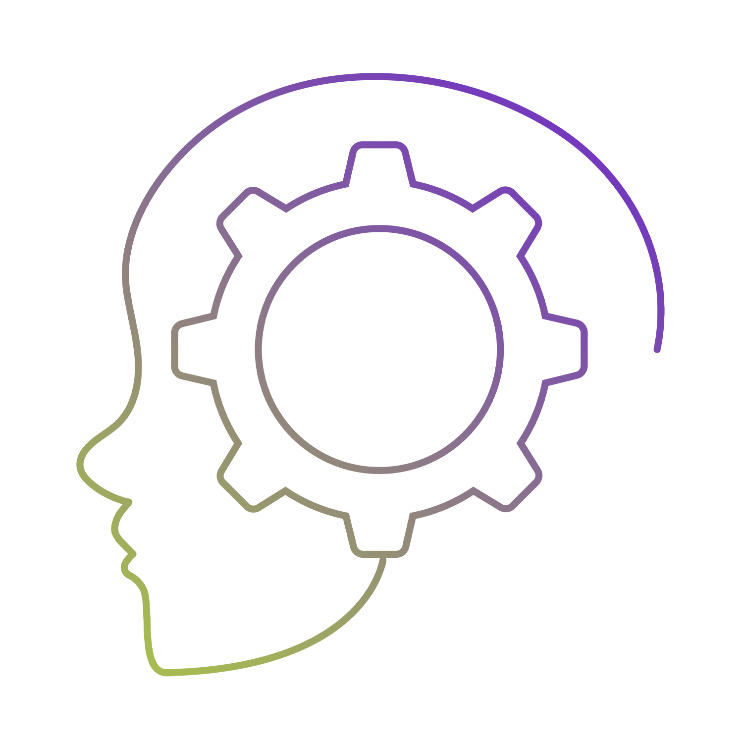Umriss eines menschlichen Profils mit einem Zahnrad im Kopf, das kognitive Prozesse symbolisiert.