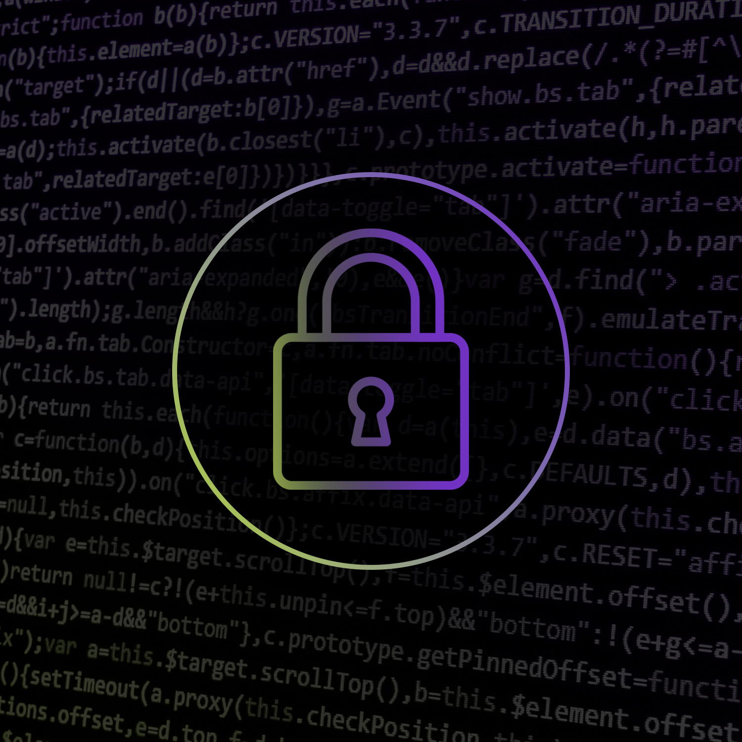 Ein stilisiertes Vorhängeschloss-Symbol über einem Hintergrund mit Programmiercode, das Datenschutz und Datensicherheit symbolisiert.