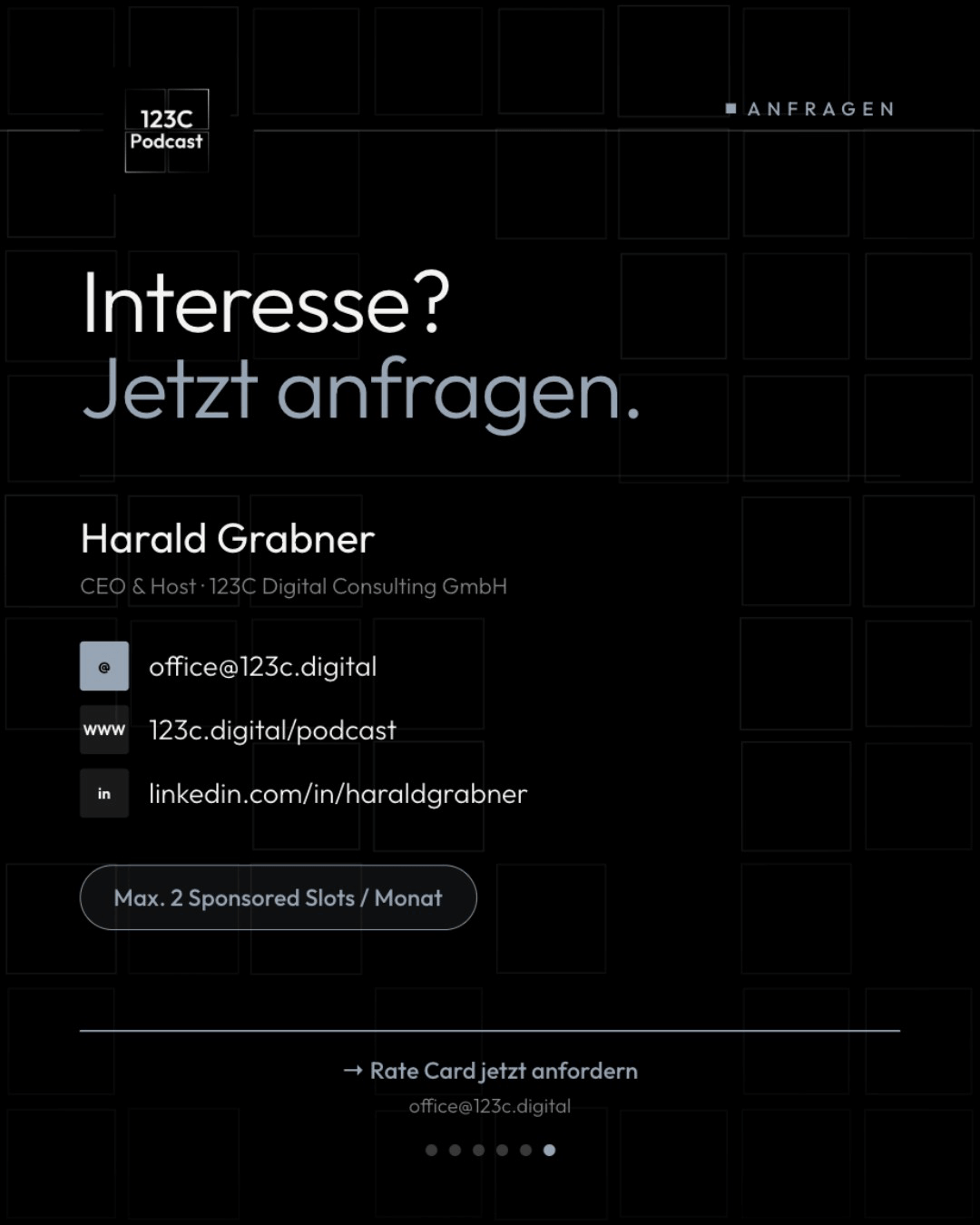 Kontaktinfo von Harald Grabner zur Podcastanfrage mit E-Mail, Webseite und LinkedIn-Link.