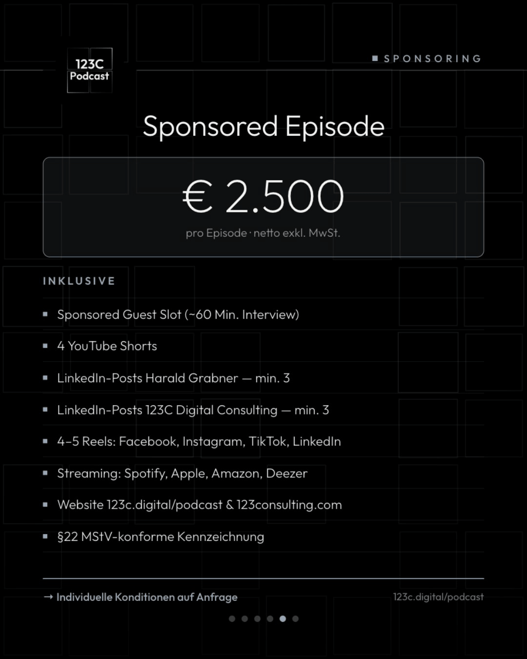 Sponsered Episode for 2.500 € with guest interview, YouTube Shorts, LinkedIn posts, reels, and streaming platforms.