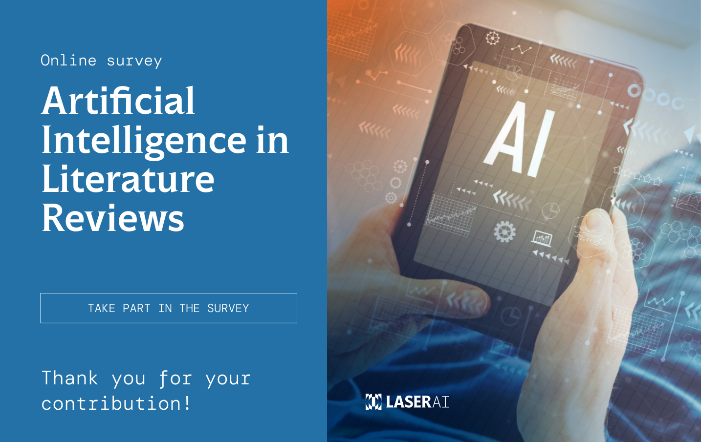 An image saying: "Online survey. Artificial Intelligence in Literature reviews." It calls for people to take part in the survey and thanks them for contributing