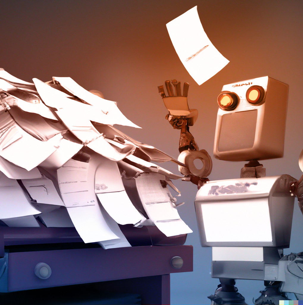 A futuristic AI robot filing through numerous living systematic reviews