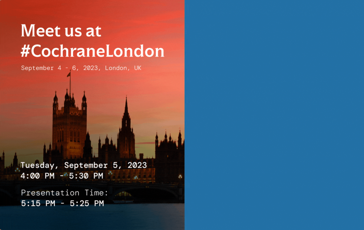 A gif that informs users of the session and presentation for Laser AI, "Living evidence: Innovation and technology" at Cochrane colloquium 2023 in London