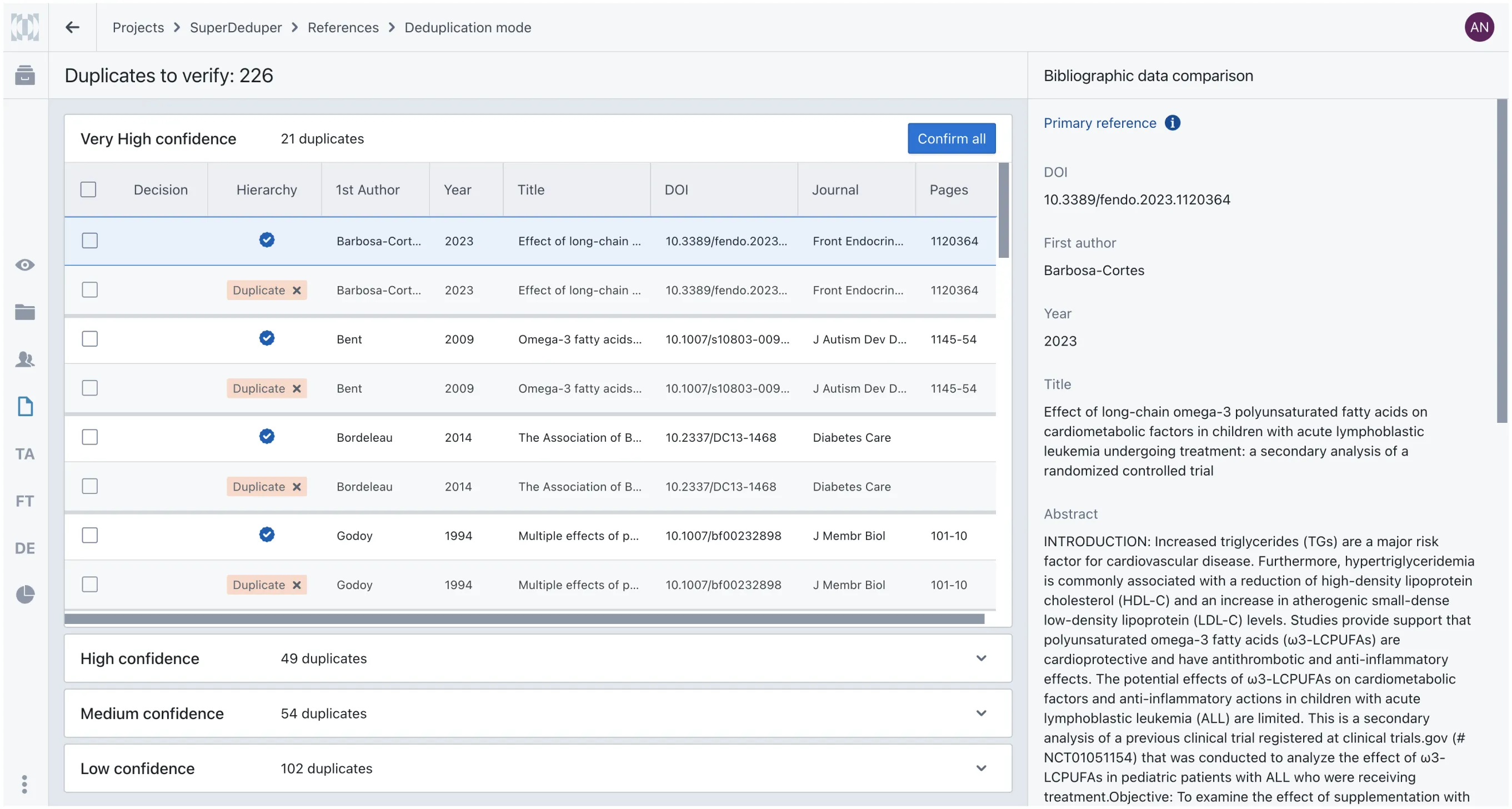Laser AI's interface for the AI-assisted deduplication module called SuperDeduper.