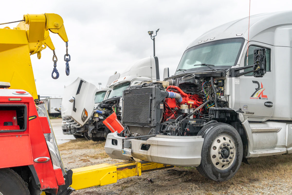 semi truck being towed