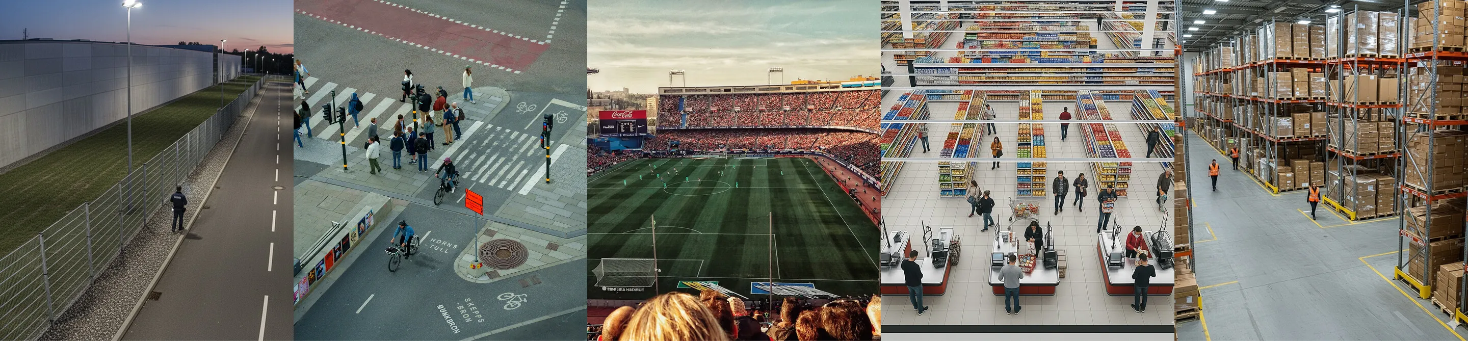 Fünf nebeneinander angeordnete Bilder zeigen: einen Sicherheitsbeamten, der nachts an einem eingezäunten Gelände patrouilliert; eine belebte Kreuzung mit Fußgängern und Radfahrern; ein vollbesetztes Fußballstadion bei Tageslicht; Kunden an Kassen in einem großen Supermarkt; und Arbeiter in einem Lagerhaus mit hohen Regalen voller Kartons.