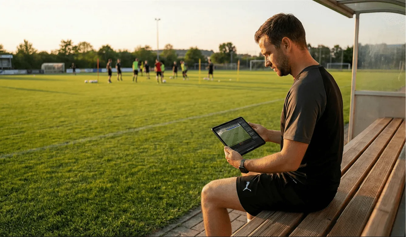 Fußballtrainer analysiert Spielszenen auf einem Tablet mit dem mobilen Kamerasystem Staige Coach.