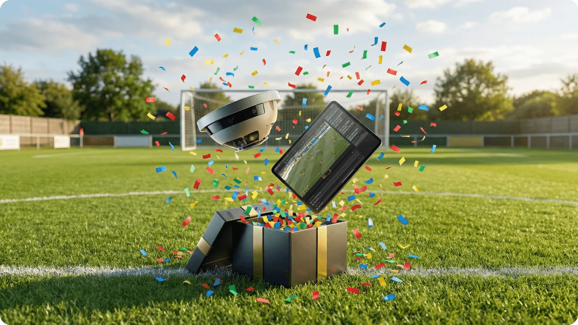 Hauptgewinn Staige: Mobile Kamera und 1 Jahr Staige Coach springen aus einer Geschenkbox mit Konfetti auf dem Fußballplatz.