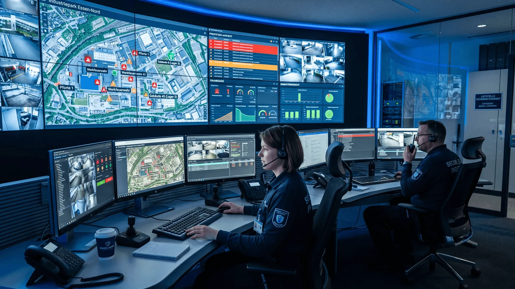 Mit Staige Perimeterschutz-Technologie überwachen Sicherheitsmitarbeiter Überwachungsbildschirme in einer Leitstelle mit Karten und Kameras.