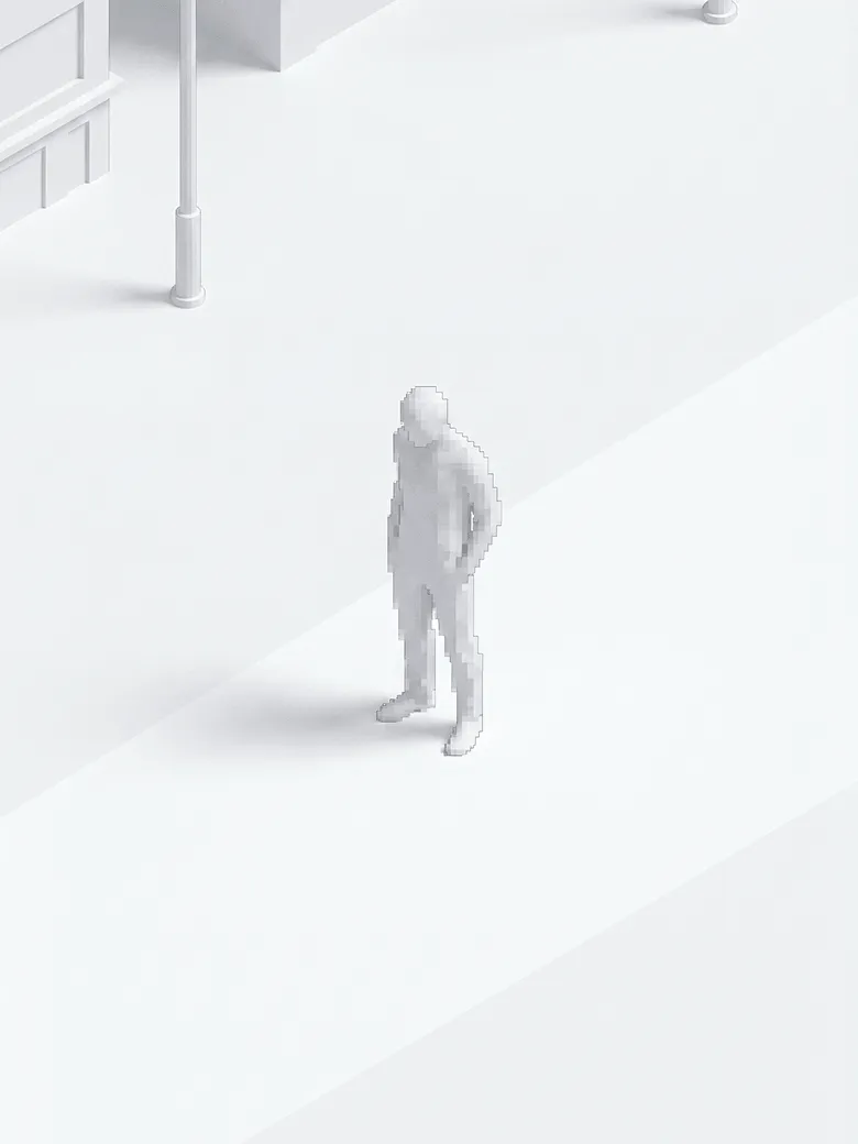 Staige Automatic Anonymization & GDPR — Pixelated white 3D human standing on a bright, minimalistic city path with lanterns.
