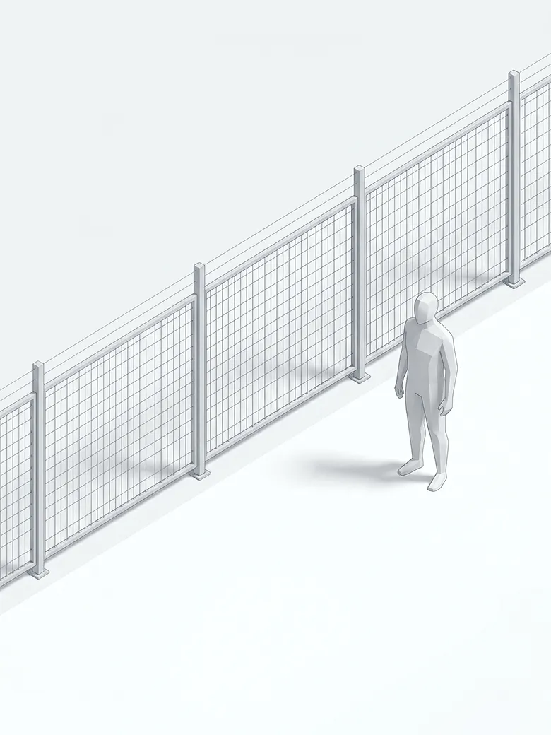 Staige Perimeter- & Eindringlingserkennung – Illustration eines schemenhaften Menschen vor einem Drahtzaun mit Schatten auf dem Boden.
