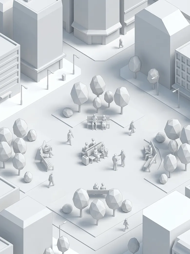 Staige stray objects & hazard detection — Isometric gray city scene with buildings, trees and people on benches and sidewalks.