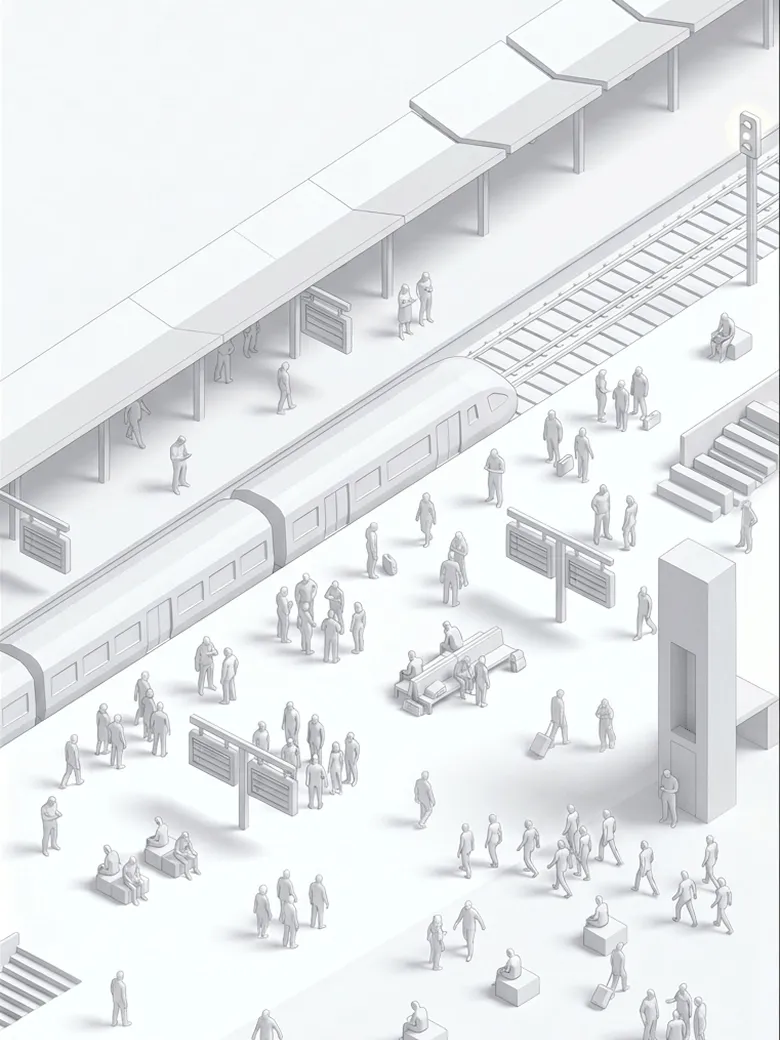 Staige crowd monitoring & passenger flow analysis — illustration of a busy train station with train, waiting and walking travelers, and seating areas.