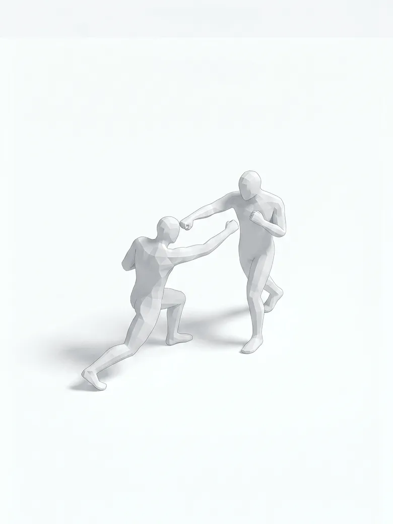 Staige violence detection & escalation analysis — Two white, stylized figures in combat posture, one standing, the other kneeling.