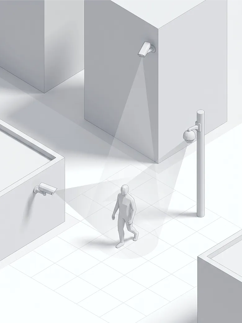 Staige multi-camera tracking — Grey 3D city view with one person and three security cameras covering a person area.