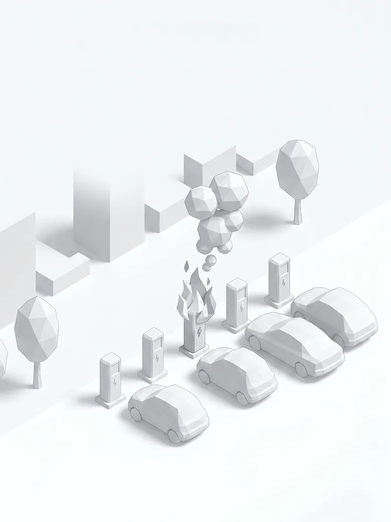 Staige smoke, flame & object analysis — Abstract presentation of electric cars, charging stations and a charging tower with fire and smoke.