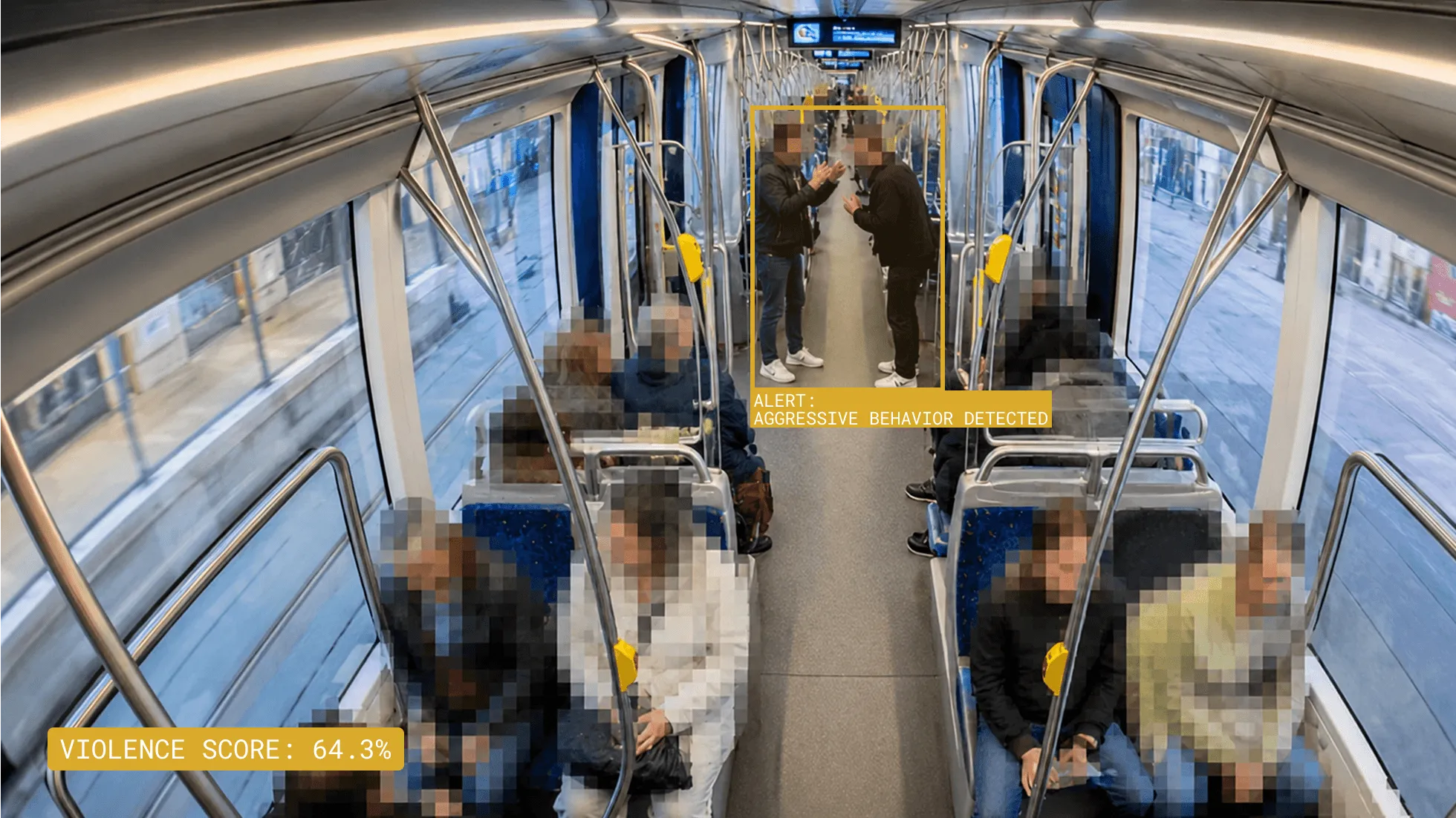 Two men are arguing on a tram, identified by a warning message about aggressive behavior — Staige KI