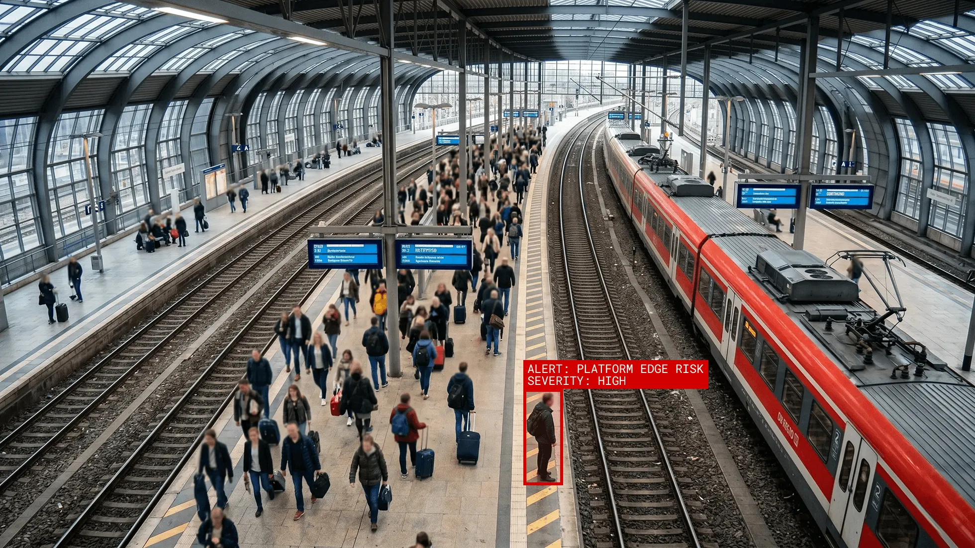 Station with many travelers, one person near the edge of the platform with a high risk alert — Staige KI