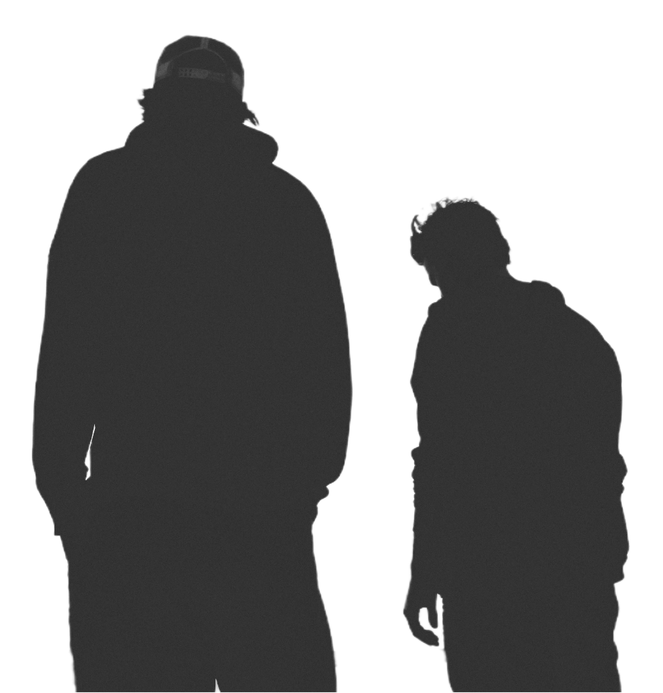 Silhouettes of two people standing side by side, one taller wearing a cap and the other shorter.