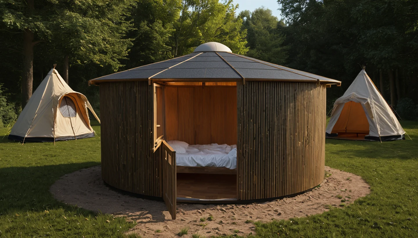 Round wooden glamping yurt with open door and white bedding inside, flanked by two beige canvas tipis on green grass surrounded by trees.