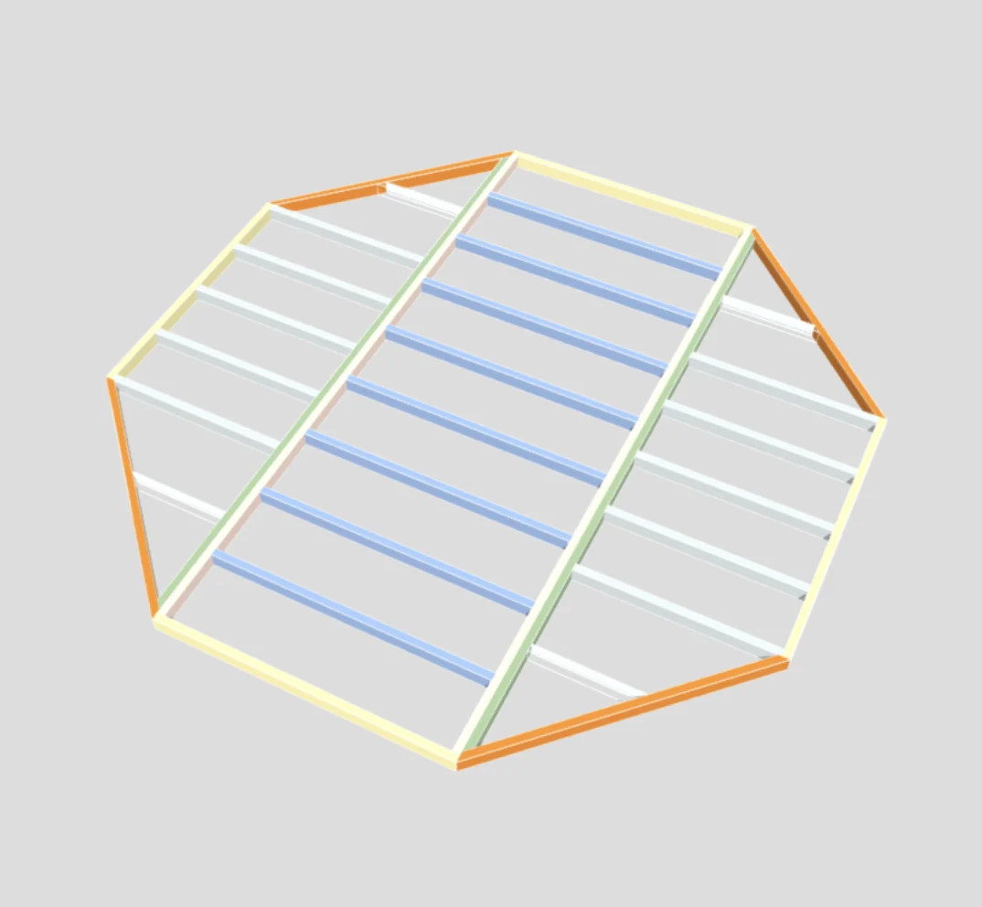 3D model of a round wooden yurt base structure with colored beams on a light gray background.