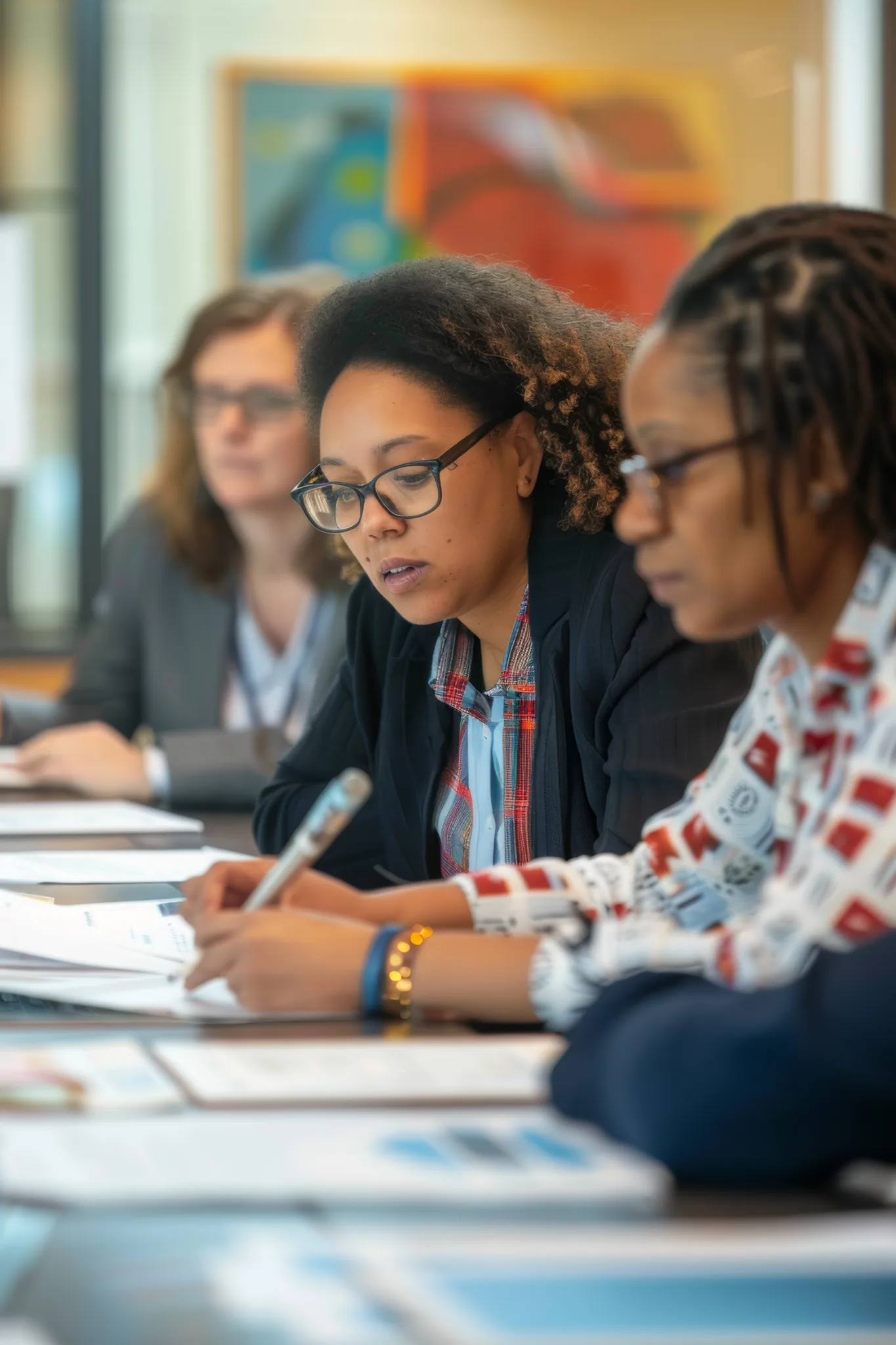 Three professional women focused on taking notes and reviewing documents in a meeting room.