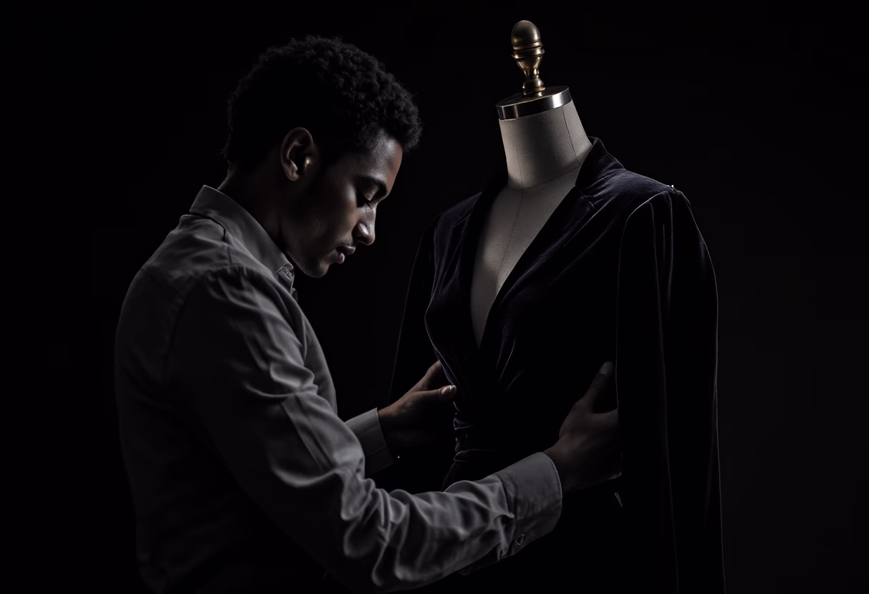image of a tailor adjusting a dress on a mannequin