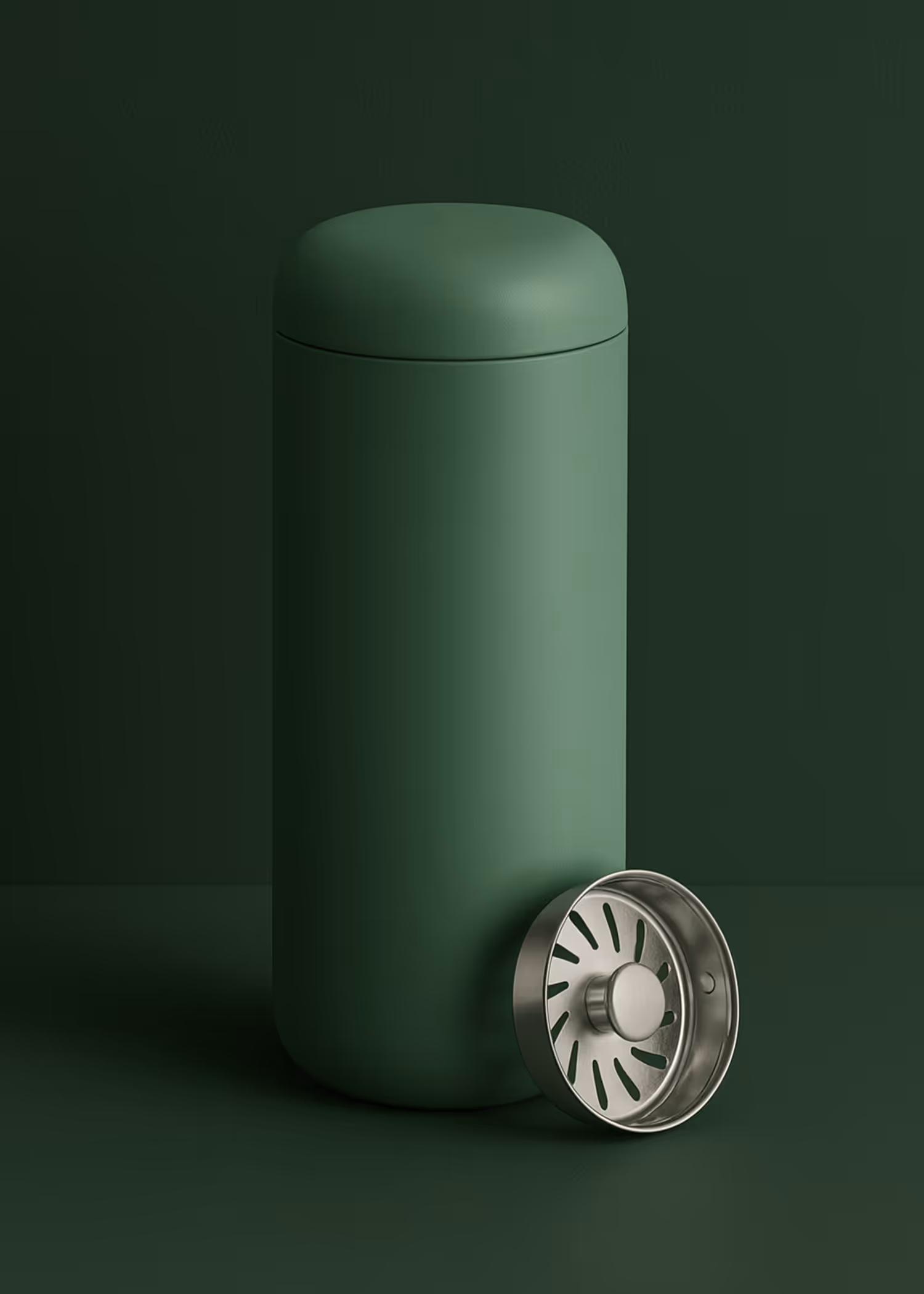 A dark green beverage travel mug