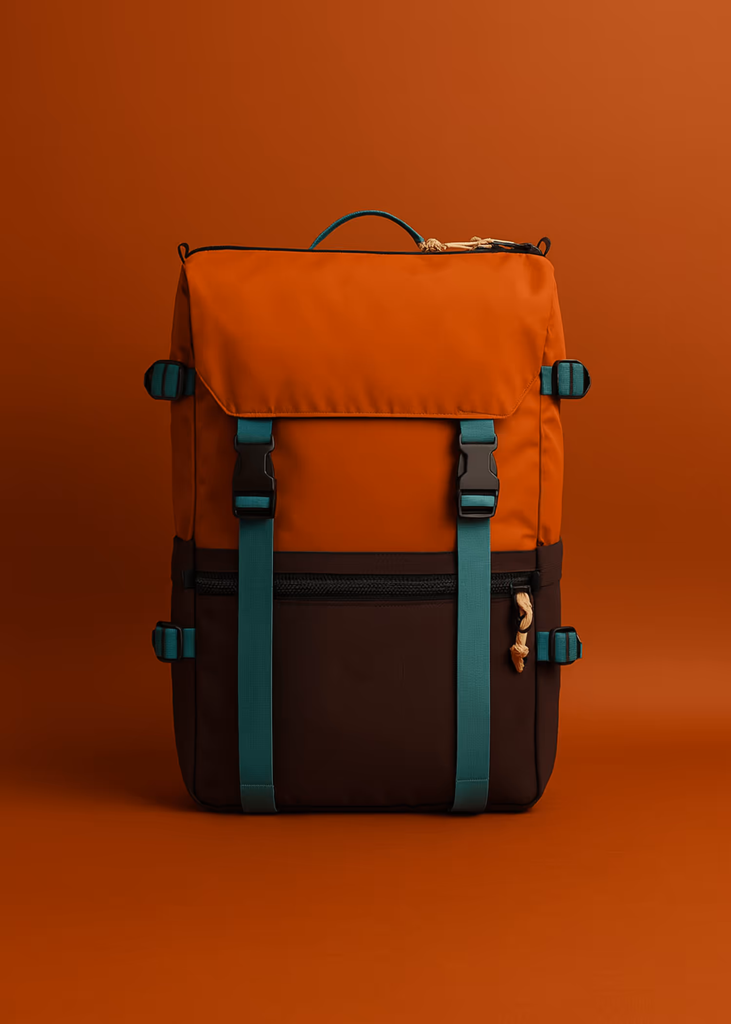 A multi-colored orange and brown backpack