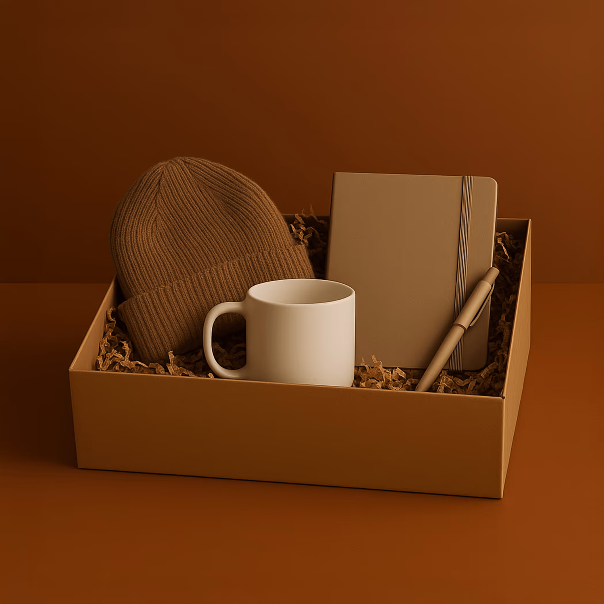 A promo kit with a mug, hat, notebook and pen